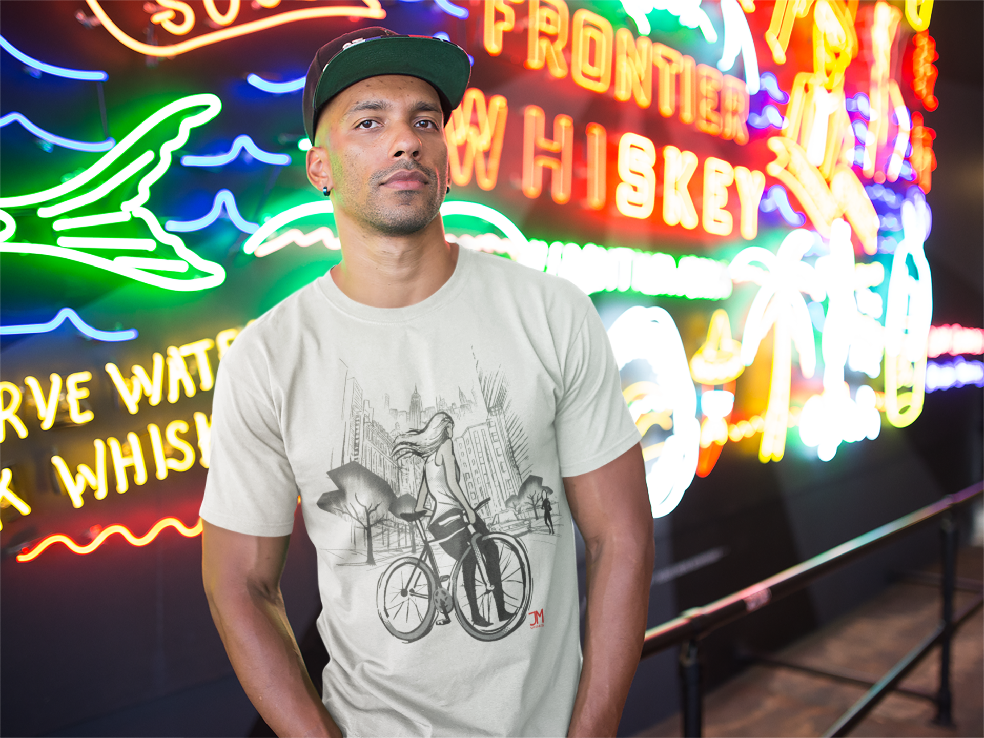 mockup-of-a-man-wearing-a-round-neck-t-shirt-against-neon-signs-a18308.png